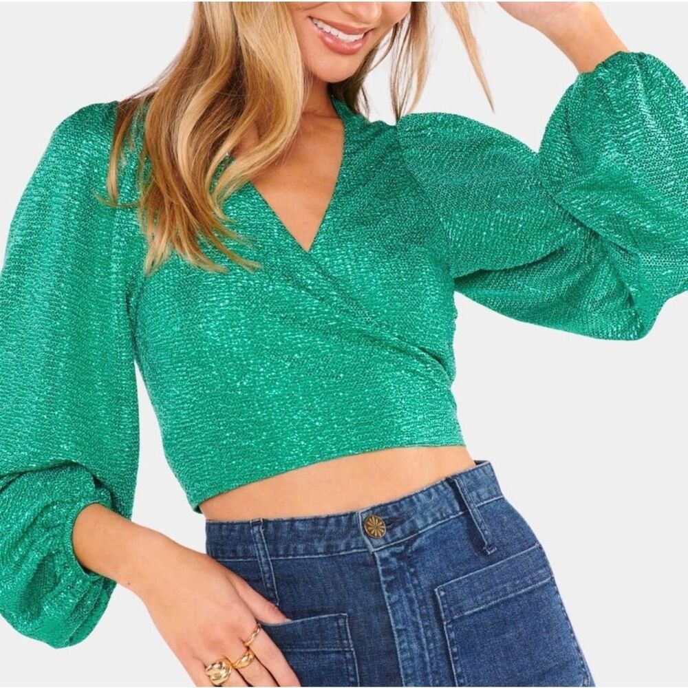 Show Me Your Mumu Joplin Metallic Wrap Crop Top Balloon Sleeve Green Emerald M